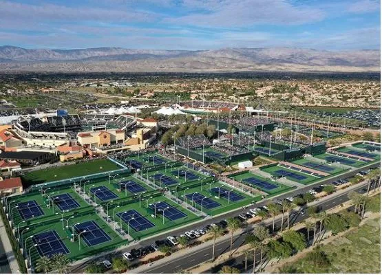 Mountain-backed courts at the Indian Wells Tennis Garden in California