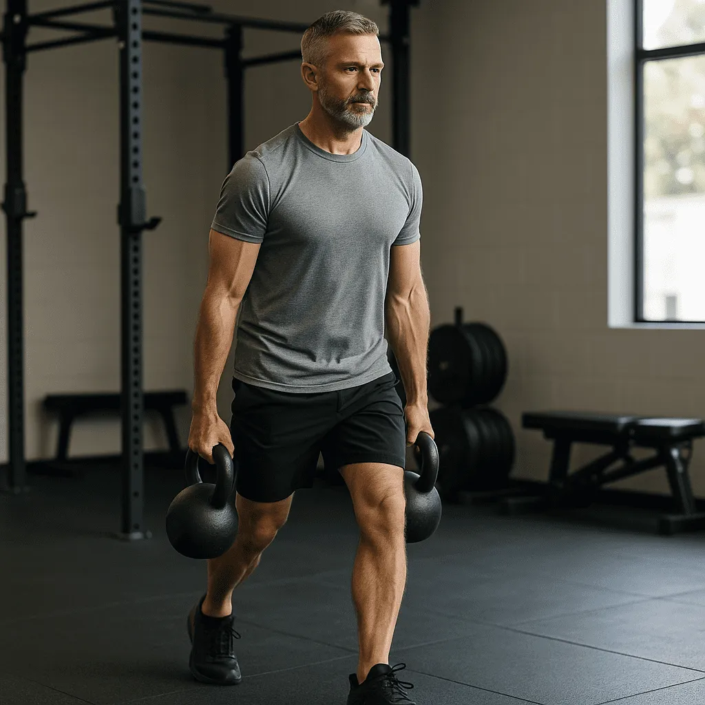 Pickleball strength training moves including single-leg deadlifts, goblet squats, and farmer's walks